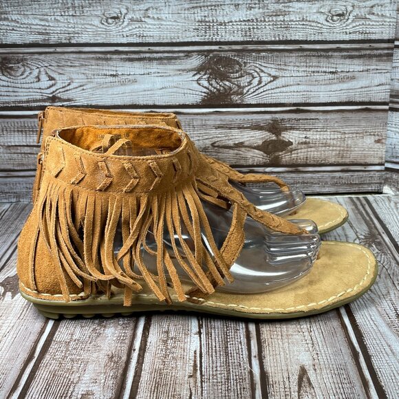 MINNETONKA Women's 10 Brown Ankle Suede Thong Fringe Back Zip Shoes Sandals EUC - Picture 2 of 9